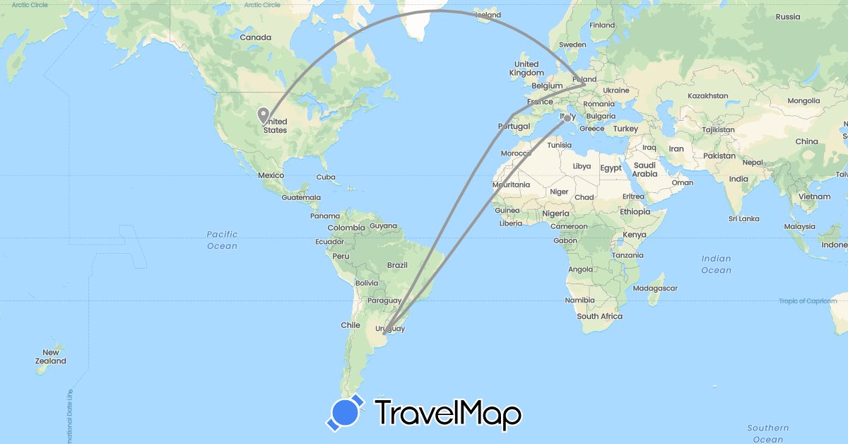 TravelMap itinerary: plane in Argentina, Spain, Italy, Poland, United States (Europe, North America, South America)